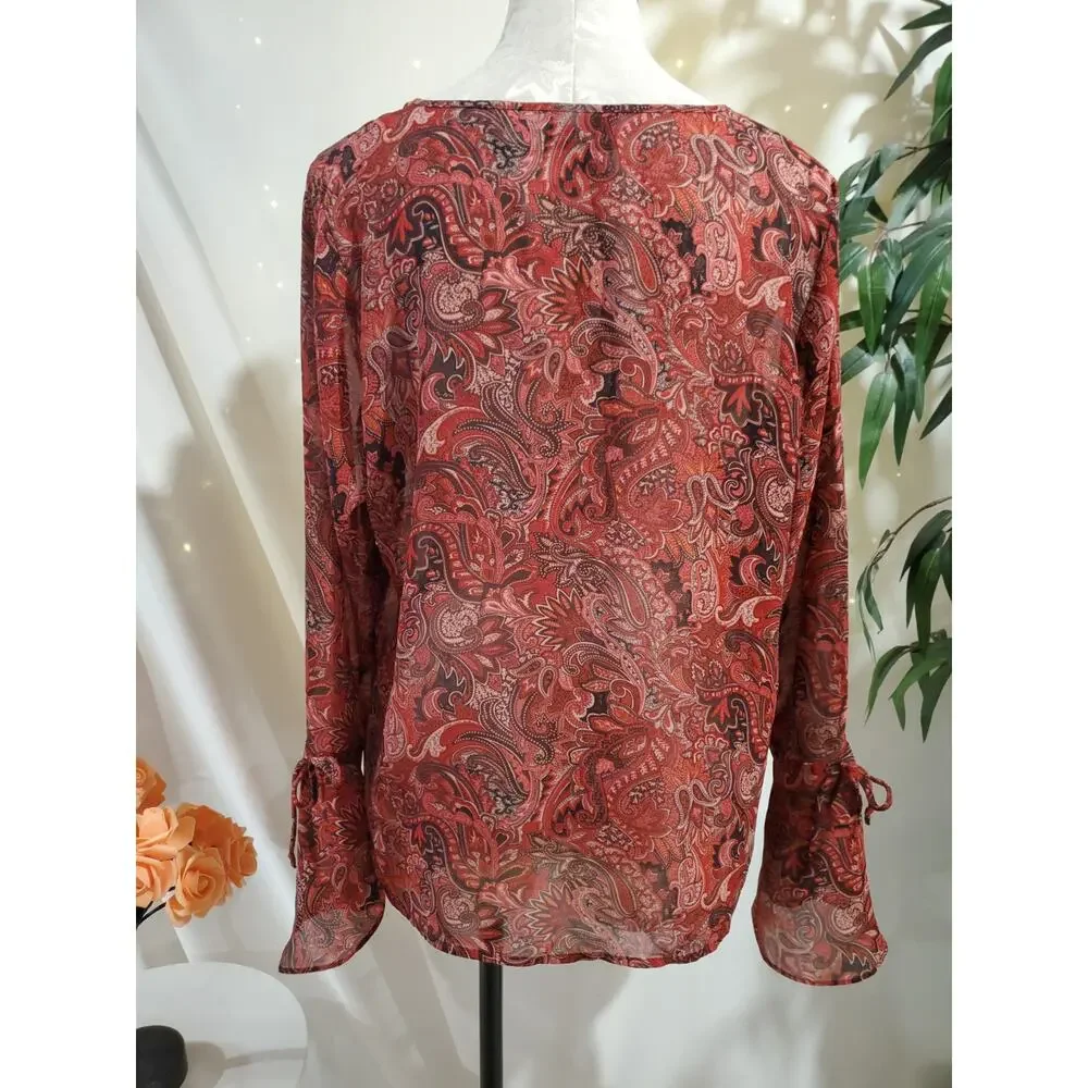 Vtg 90s y2k Fashion Bug Sheer Paisley V-Neck Bell Sleeve Blouse Sz 14/16 XL Boho - Picture 3 of 10